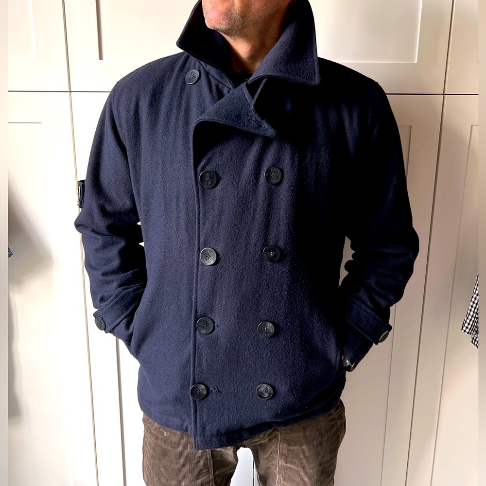 Navy blue ‘& SONS’ boardwalk WOOL PEACOAT Sz M lined